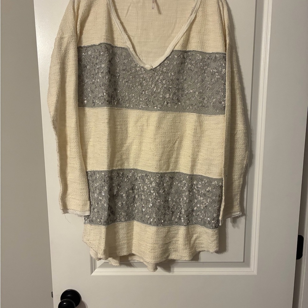 Free People Cream and Gray Striped V-Neck Pullover